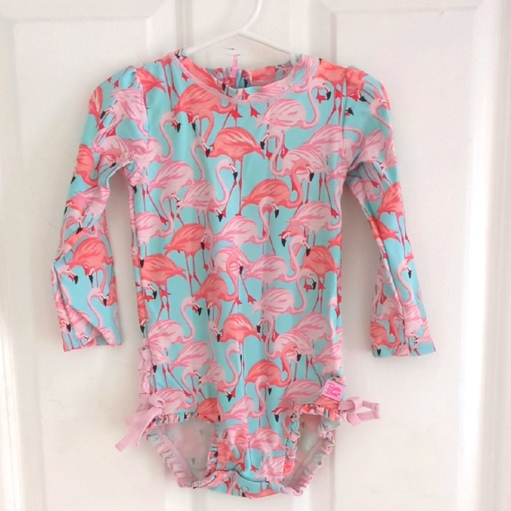 Ruffle Butts Long Sleeve Swimsuit - Flamingo